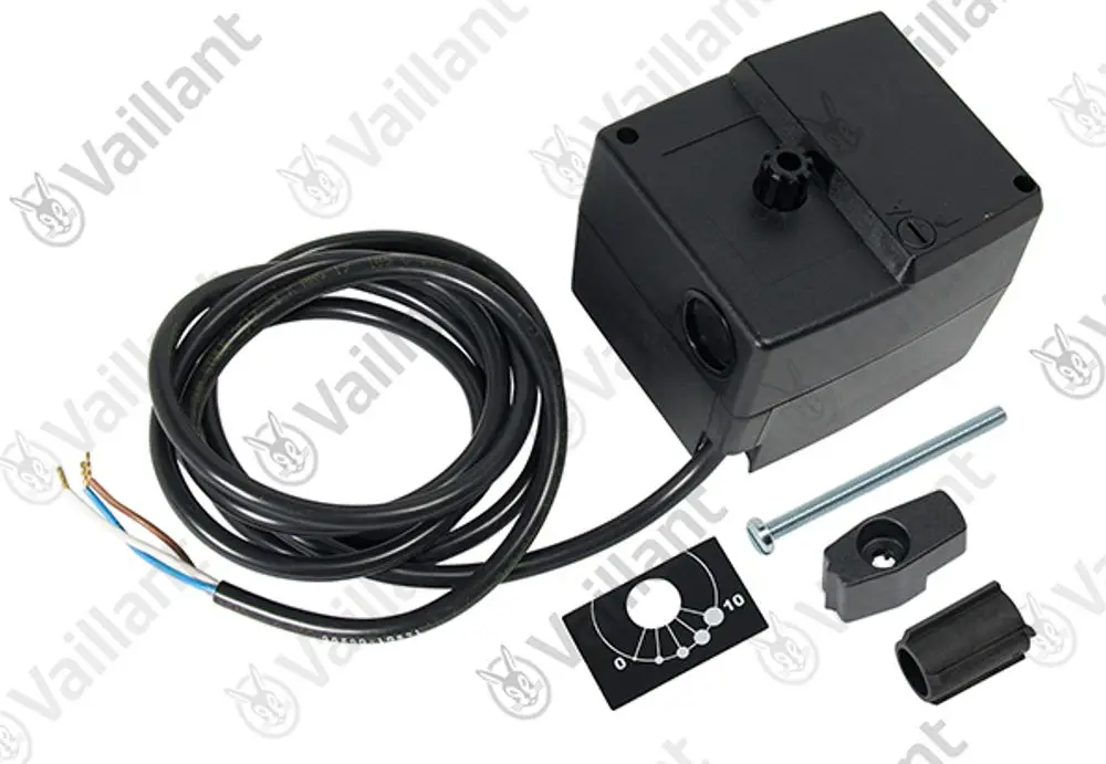 Vaillant Stellantrieb mit Kabel und Anschlussstücken, verpackt in schwarzem Gehäuse. Enthält Montageschraube und Bedienblende mit Skala.
